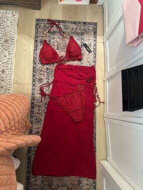 Ellie O Rings 3-Piece Bikini & Skirt Set - Burgundy